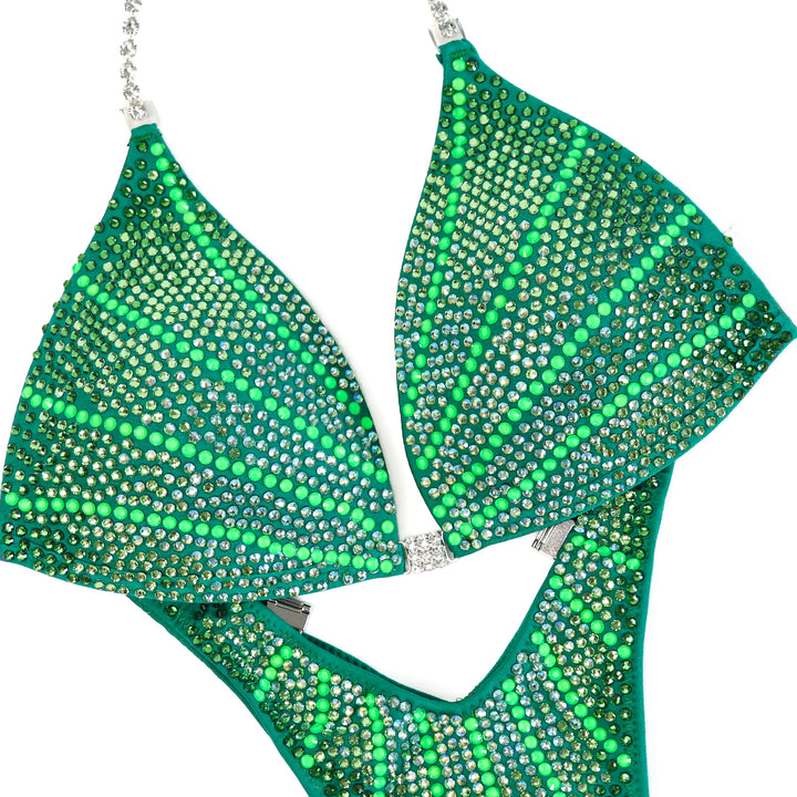 QS CL: Neon Green Galaxy. Medium Molded/Standard Figure, Modest Rise.  Angel Competition BikinisThe best NPC Competition Suits for the Bikini Division, Fit Model Division Suits, and bodybuilding suits.