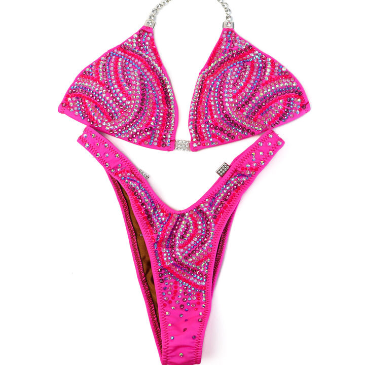 QS ST: Crystal Swirl. Matte Pink. Small/Slim Figure.  Angel Competition BikinisThe best NPC Competition Suits for the Bikini Division, Fit Model Division Suits, and bodybuilding suits.