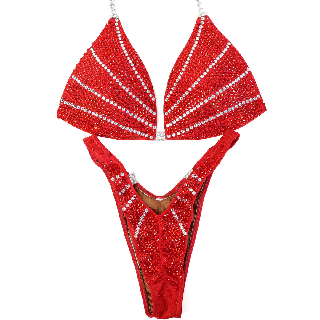 QS ST: Crystal Galaxy. Matte Red. Medium Molded/Slim Figure, Full Scrunch.  Angel Competition BikinisThe best NPC Competition Suits for the Bikini Division, Fit Model Division Suits, and bodybuilding suits.
