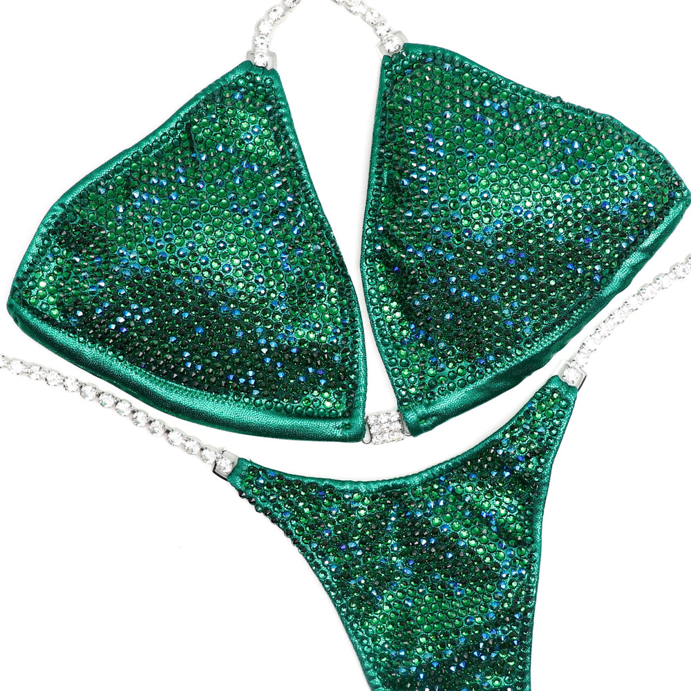 Ashley Kaltwasser's Lucky Charm Nova Competition Suit for NPC Bikini Competitors in vibrant green. Elevate your stage presence with this captivating design. Shine like a charm and dominate with confidence. Stand out as a true champion in this exclusive suit.