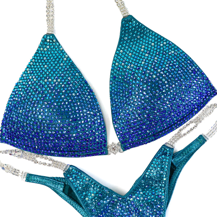 Deb's Tropical Teal Gradient  Angel Competition BikinisThe best NPC Competition Suits for the Bikini Division, Fit Model Division Suits, and bodybuilding suits.