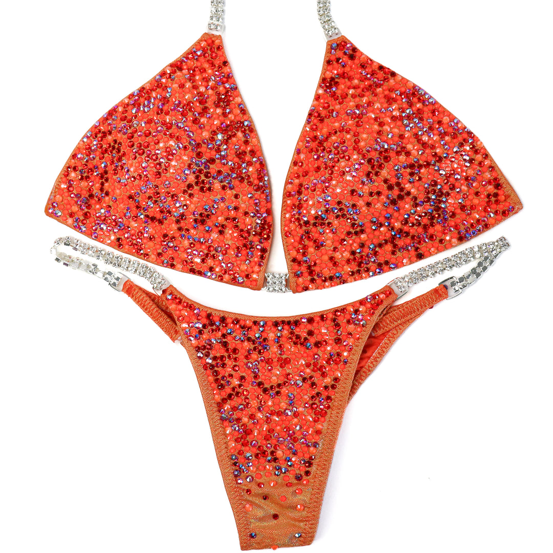 QS ST: Orange Red Radiance. Medium/Pro.  Angel Competition BikinisThe best NPC Competition Suits for the Bikini Division, Fit Model Division Suits, and bodybuilding suits.