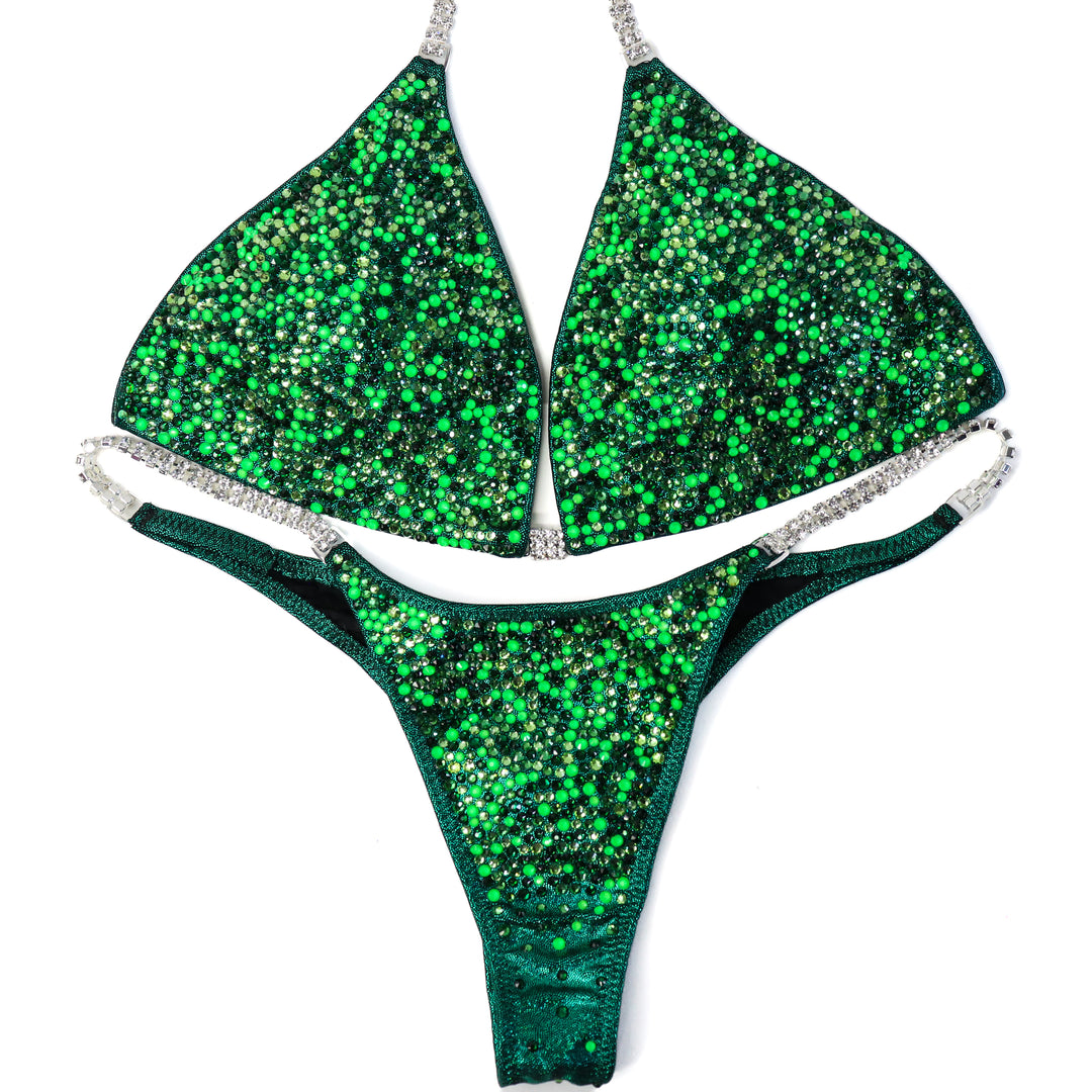 QS ST: Crystal Radiance. Hologram Emerald. Large/Pro, Modest Rise.  Angel Competition BikinisThe best NPC Competition Suits for the Bikini Division, Fit Model Division Suits, and bodybuilding suits.