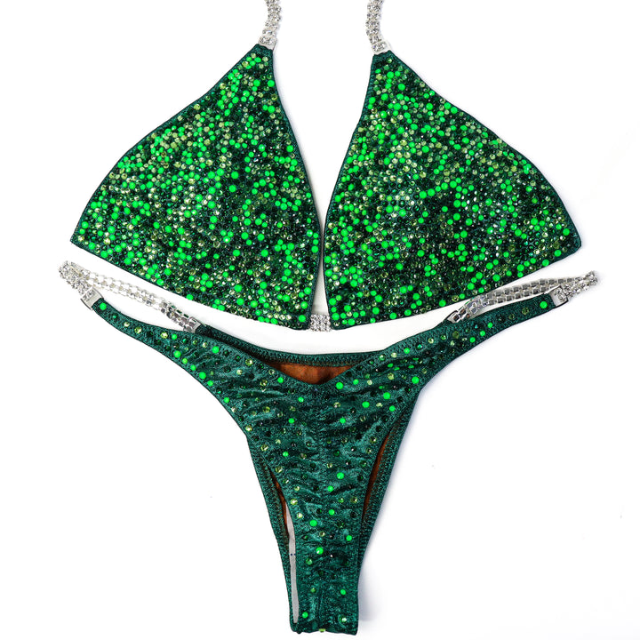 QS ST: Crystal Radiance. Hologram Emerald. Large/Pro, Modest Rise.  Angel Competition BikinisThe best NPC Competition Suits for the Bikini Division, Fit Model Division Suits, and bodybuilding suits.