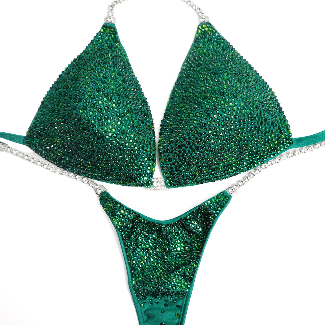 Introducing Lawna's Shamrock Radiance suit for fierce female bodybuilders! 💪🍀 Designed with Lawna Dunbar, this matte green stunner adorned with light and dark green crystals brings ultimate luck on stage. Own your moment! #Bodybuilding #CompetitionSuit #FemaleAthletes 🌟