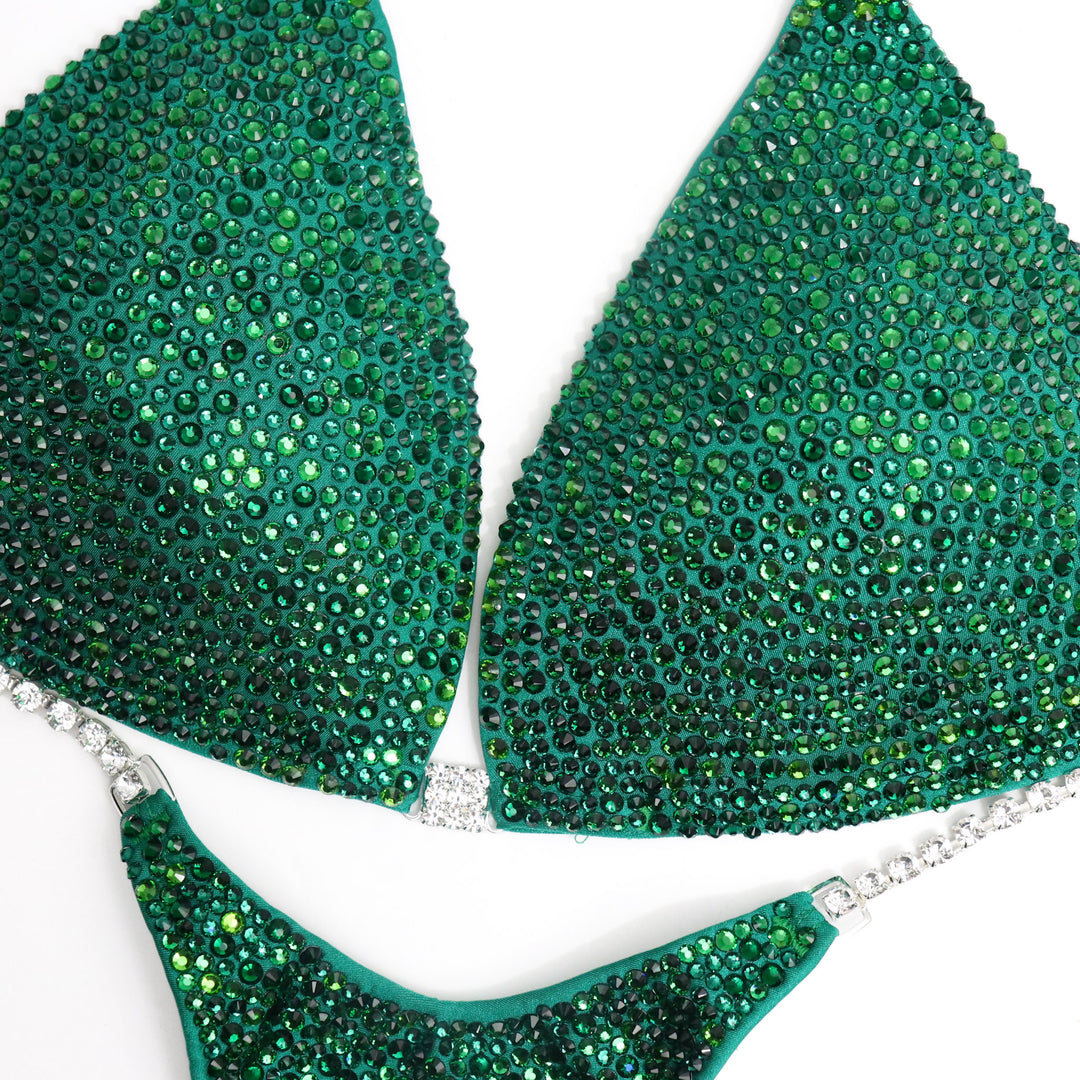 Introducing Lawna's Shamrock Radiance suit for fierce female bodybuilders! 💪🍀 Designed with Lawna Dunbar, this matte green stunner adorned with light and dark green crystals brings ultimate luck on stage. Own your moment! #Bodybuilding #CompetitionSuit #FemaleAthletes 🌟