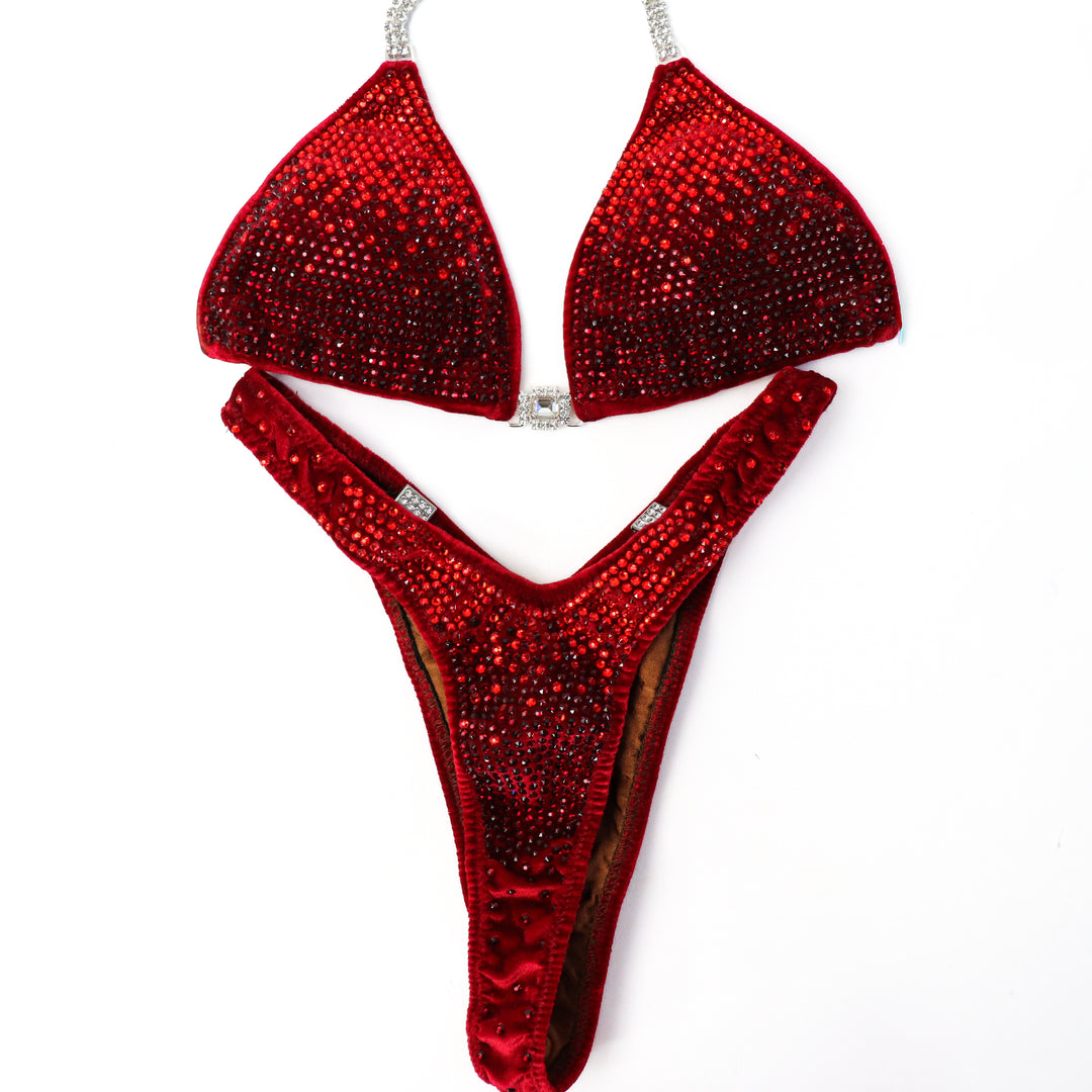 QS ST: Flamefall Gradient. Velvet Red. Small/Slim Figure, Extra Modest Rise.  Angel Competition BikinisThe best NPC Competition Suits for the Bikini Division, Fit Model Division Suits, and bodybuilding suits.