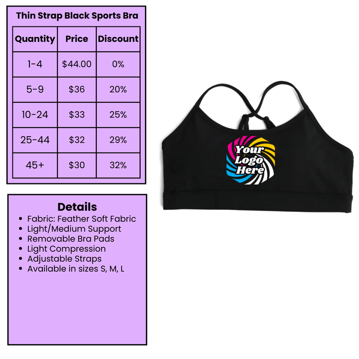 Black Sports Bra with thin straps for NPC Fit Model Competition Suit and custom bodybuilding competition suits in black color