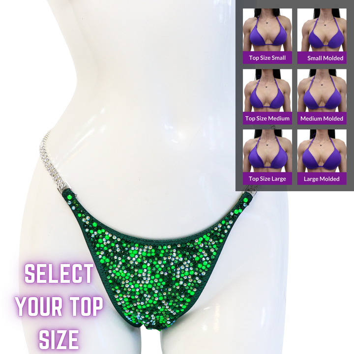 QS SZ: Mary Ann's Neon Emerald Radiance. Pro, Modest Rise.  Angel Competition BikinisThe best NPC Competition Suits for the Bikini Division, Fit Model Division Suits, and bodybuilding suits.