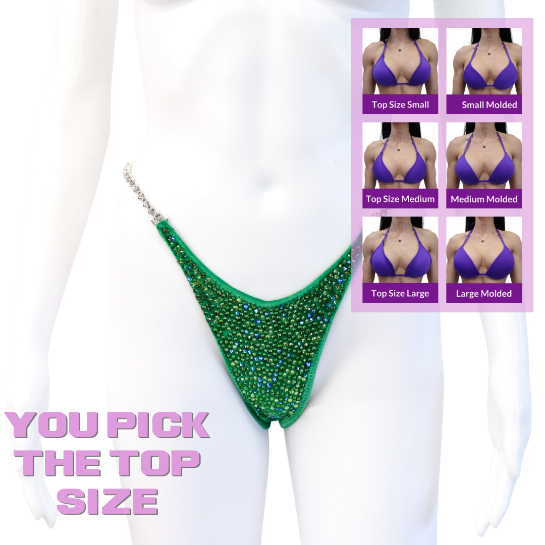 QS SZ: Crystal Radiance. Velvet Green. Micro with Petite Rise.  Angel Competition BikinisThe best NPC Competition Suits for the Bikini Division, Fit Model Division Suits, and bodybuilding suits.