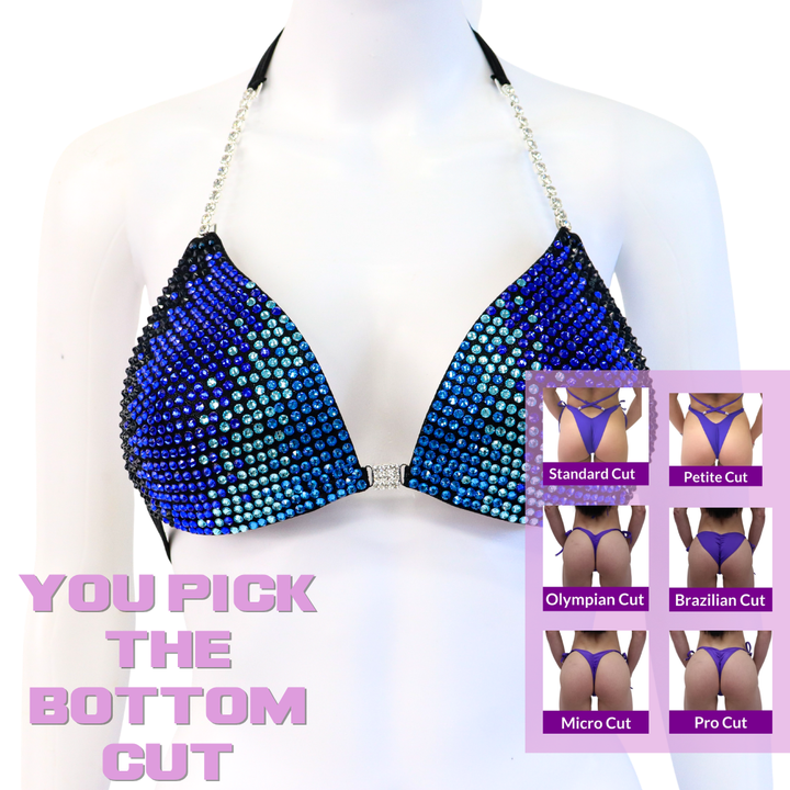 QS SZ: Diamond Cascade. Wet Black. Medium Molded.  Angel Competition BikinisThe best NPC Competition Suits for the Bikini Division, Fit Model Division Suits, and bodybuilding suits.