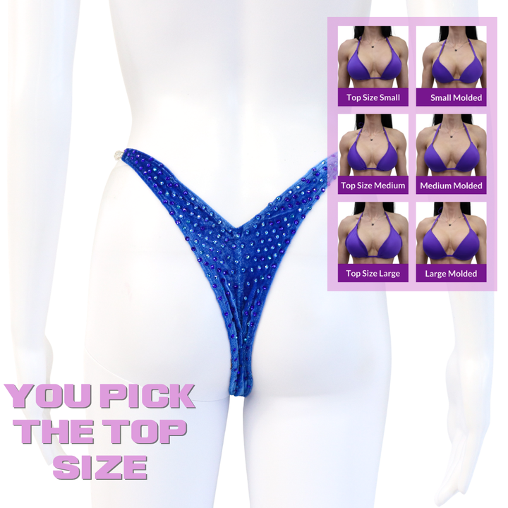QS SZ: Crystal Nova 3 Color. Velvet Royal. Pro with Custom Front Rise.  Angel Competition BikinisThe best NPC Competition Suits for the Bikini Division, Fit Model Division Suits, and bodybuilding suits.