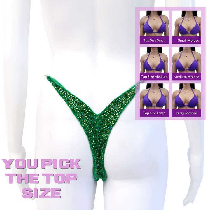 QS SZ: Crystal Radiance. Velvet Green. Micro with Petite Rise.  Angel Competition BikinisThe best NPC Competition Suits for the Bikini Division, Fit Model Division Suits, and bodybuilding suits.