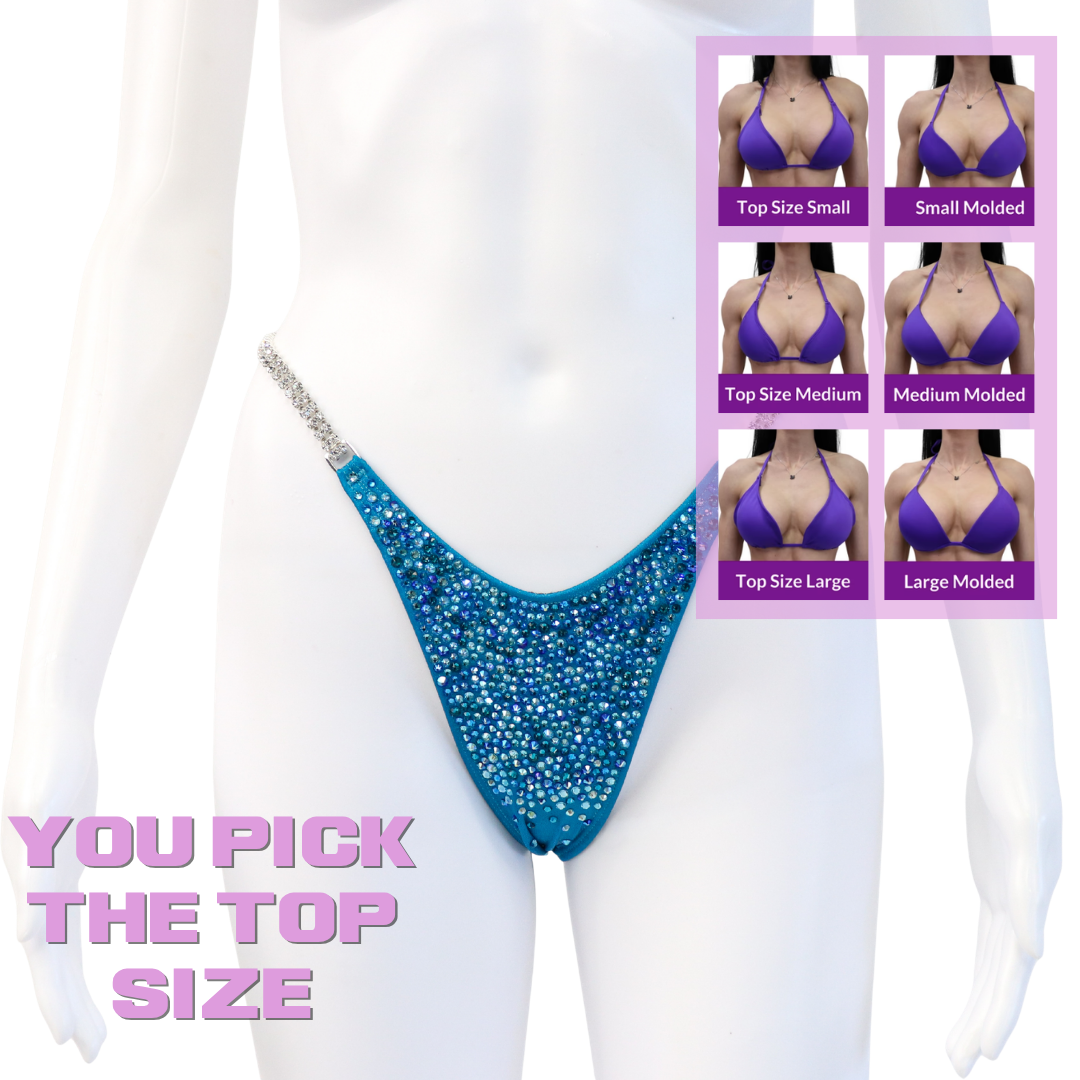 QS SZ: Crystal Radiance. Hologram Turquoise. Micro with Petite Rise.  Angel Competition BikinisThe best NPC Competition Suits for the Bikini Division, Fit Model Division Suits, and bodybuilding suits.