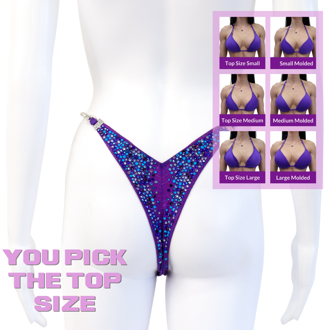 QS SZ: Crystal Radiance. Hologram Purple. Micro with Modest Rise.  Angel Competition BikinisThe best NPC Competition Suits for the Bikini Division, Fit Model Division Suits, and bodybuilding suits.