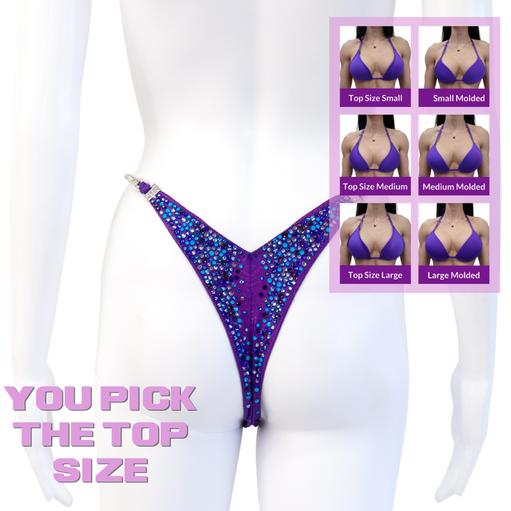 QS SZ: Crystal Radiance. Hologram Purple. Micro with Modest Rise.  Angel Competition BikinisThe best NPC Competition Suits for the Bikini Division, Fit Model Division Suits, and bodybuilding suits.