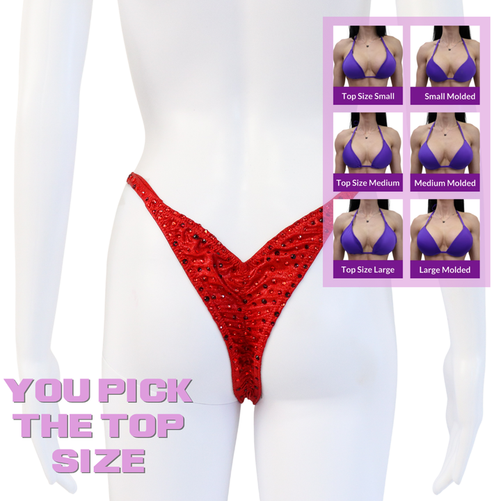 QS SZ: Lawna's Red Radiance. Hologram Red. Pro with Petite Rise.  Angel Competition BikinisThe best NPC Competition Suits for the Bikini Division, Fit Model Division Suits, and bodybuilding suits.