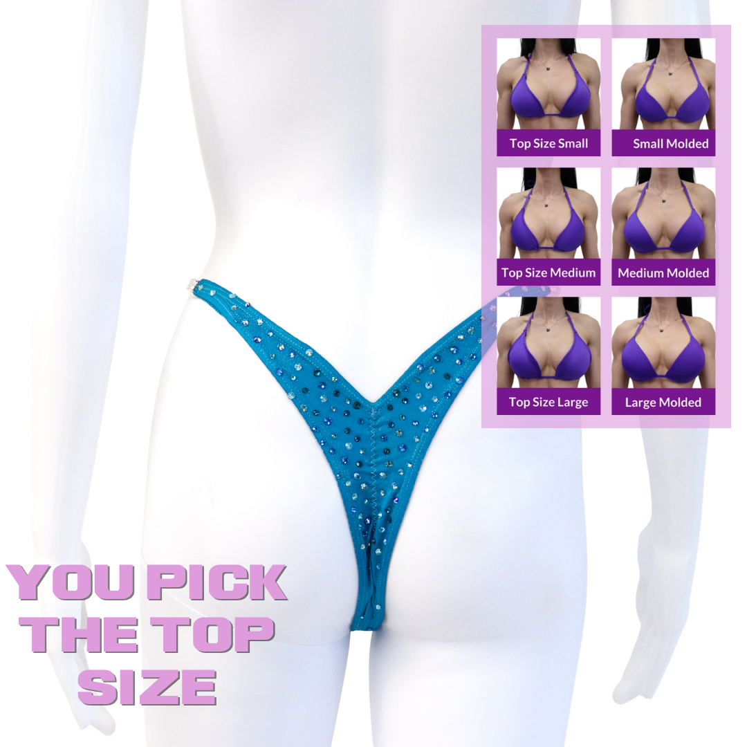 QS SZ: Crystal Radiance. Hologram Turquoise. Micro with Petite Rise.  Angel Competition BikinisThe best NPC Competition Suits for the Bikini Division, Fit Model Division Suits, and bodybuilding suits.