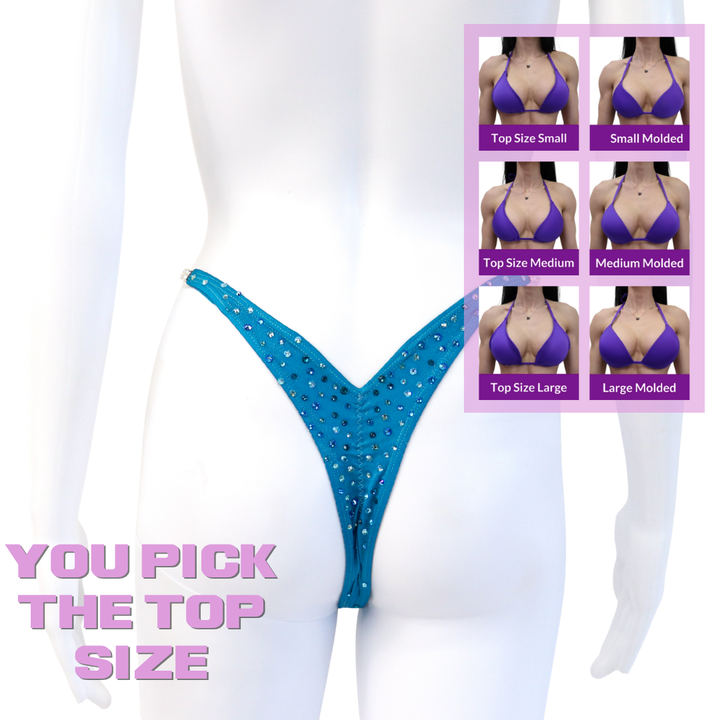 QS SZ: Crystal Radiance. Hologram Turquoise. Micro with Petite Rise.  Angel Competition BikinisThe best NPC Competition Suits for the Bikini Division, Fit Model Division Suits, and bodybuilding suits.