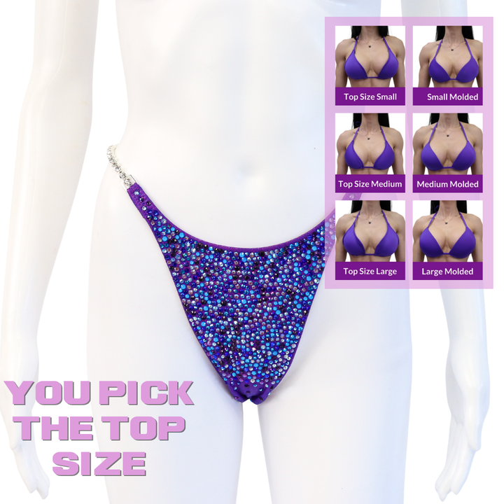 QS SZ: Crystal Radiance. Hologram Purple. Micro with Modest Rise.  Angel Competition BikinisThe best NPC Competition Suits for the Bikini Division, Fit Model Division Suits, and bodybuilding suits.