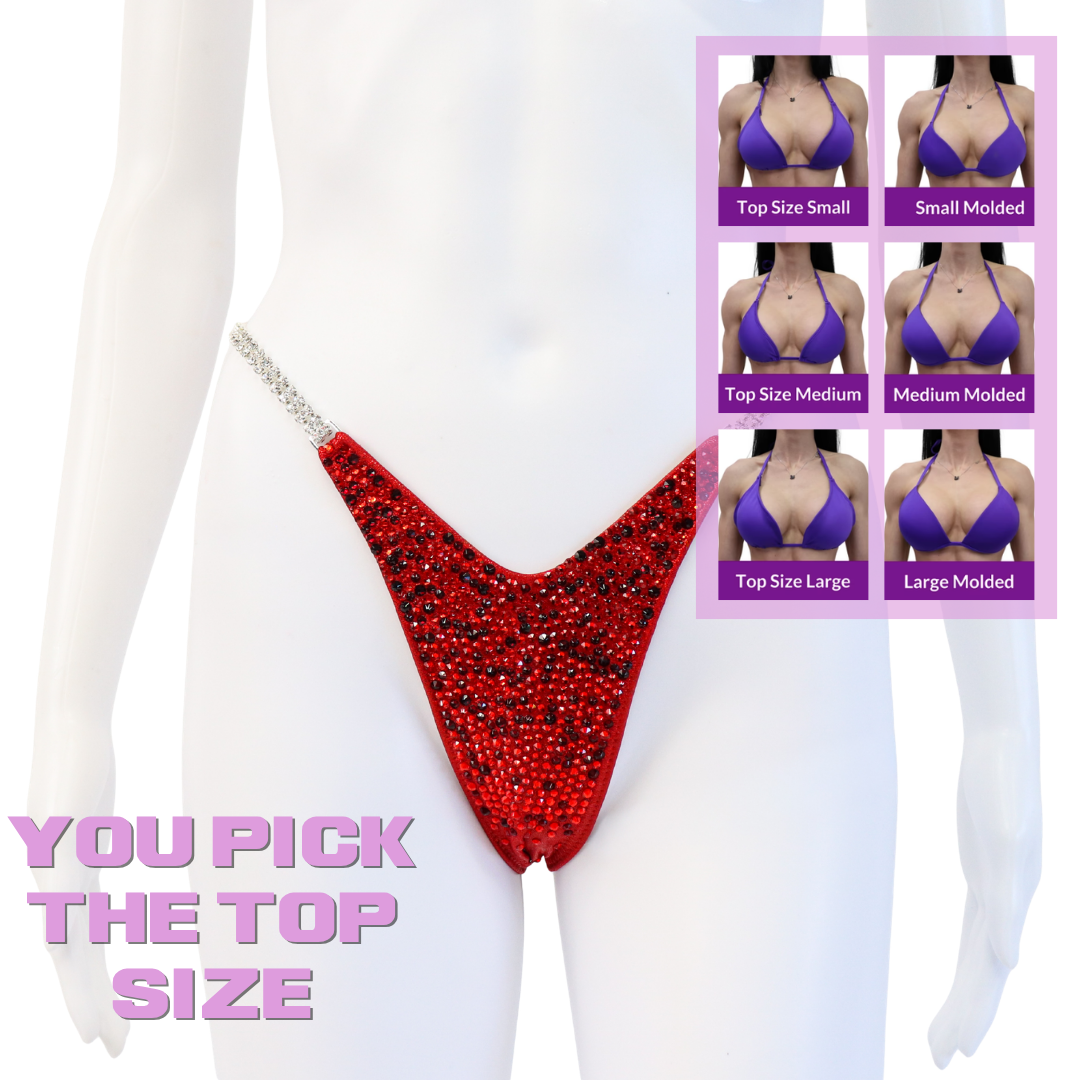 QS SZ: Lawna's Red Radiance. Hologram Red. Pro with Petite Rise.  Angel Competition BikinisThe best NPC Competition Suits for the Bikini Division, Fit Model Division Suits, and bodybuilding suits.
