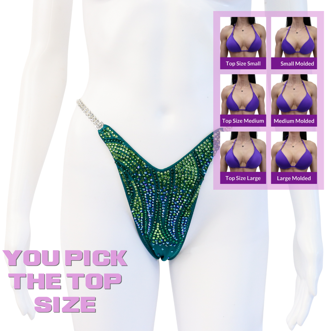 QS SZ: Crystal Inferno. Matte Teal. Standard Figure.  Angel Competition BikinisThe best NPC Competition Suits for the Bikini Division, Fit Model Division Suits, and bodybuilding suits.
