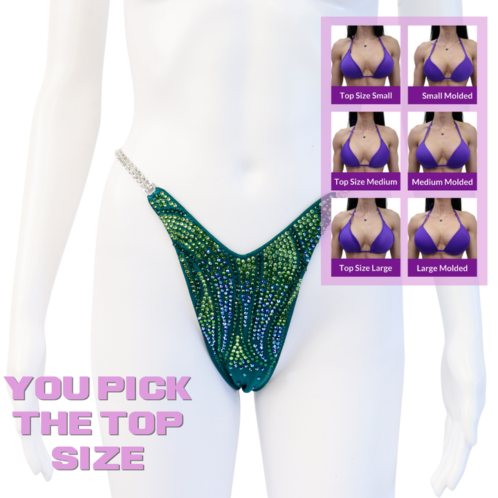 QS SZ: Crystal Inferno. Matte Teal. Standard Figure.  Angel Competition BikinisThe best NPC Competition Suits for the Bikini Division, Fit Model Division Suits, and bodybuilding suits.