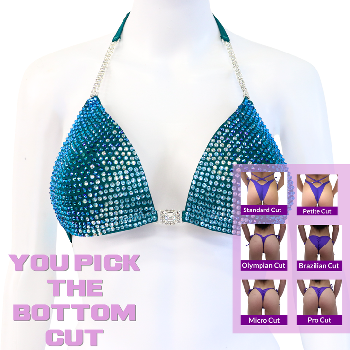 QS SZ: Diamond Cascade 5 Color. Matte Teal. Medium Molded.  Angel Competition BikinisThe best NPC Competition Suits for the Bikini Division, Fit Model Division Suits, and bodybuilding suits.