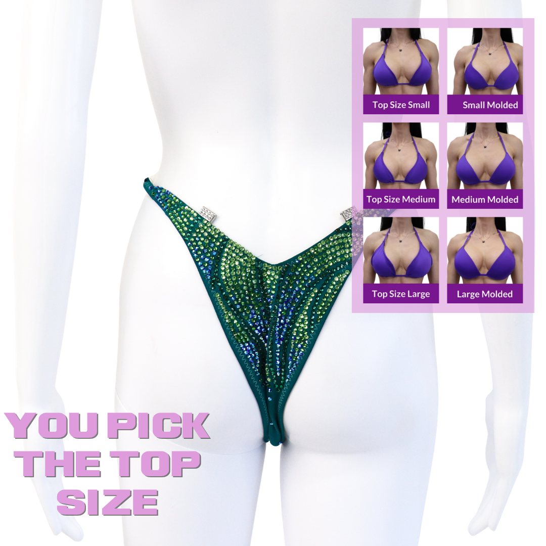 QS SZ: Crystal Inferno. Matte Teal. Standard Figure.  Angel Competition BikinisThe best NPC Competition Suits for the Bikini Division, Fit Model Division Suits, and bodybuilding suits.