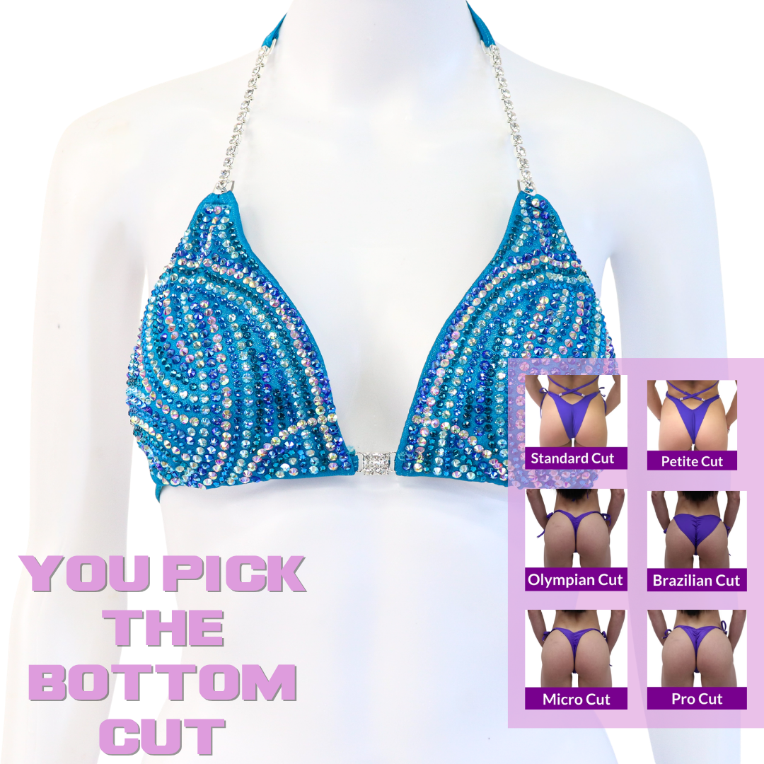 QS SZ: Crystal Swirl. Hologram Turquoise. Medium.  Angel Competition BikinisThe best NPC Competition Suits for the Bikini Division, Fit Model Division Suits, and bodybuilding suits.