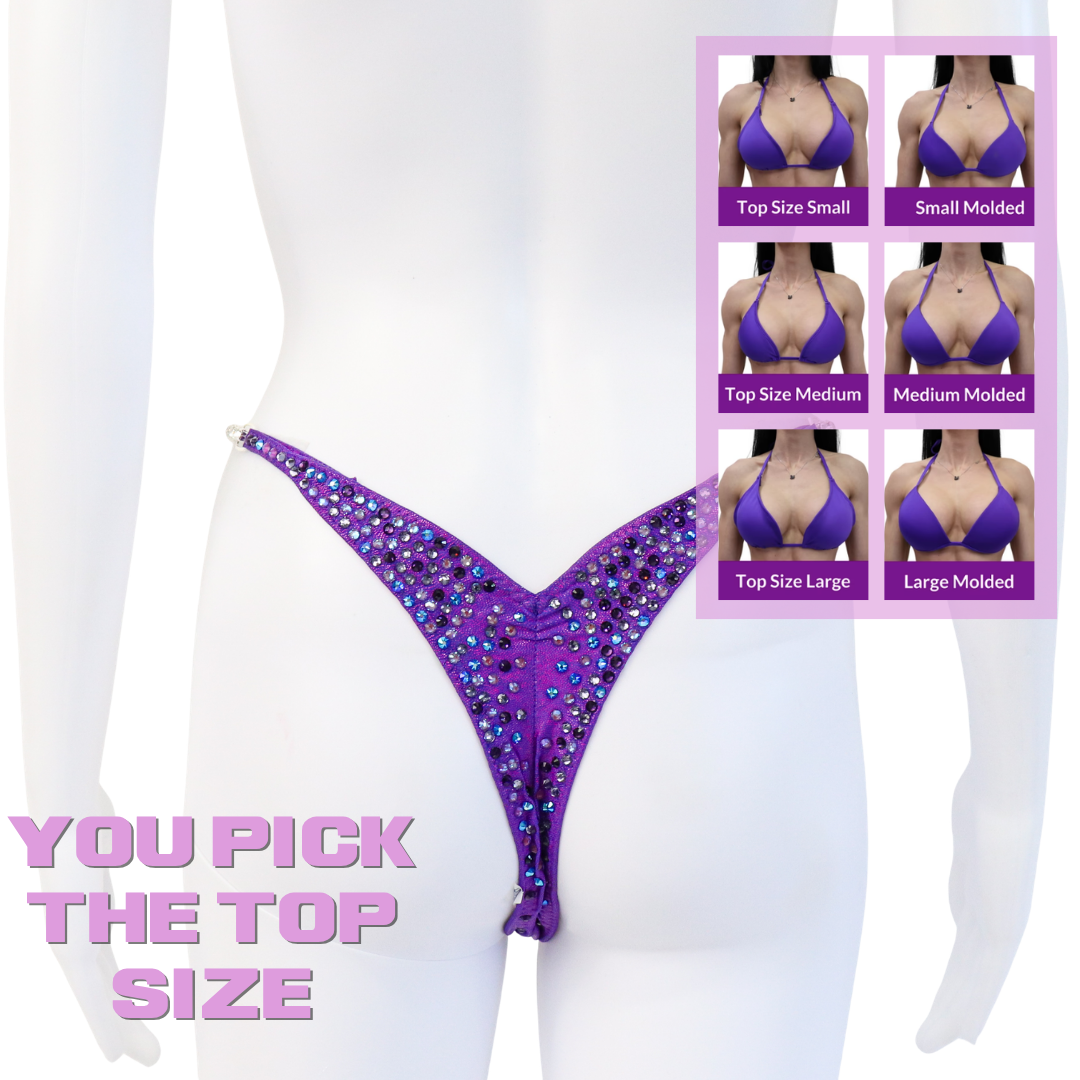 QS SZ: Diamond Pro Multi Color. Hologram Purple. Micro with Petite Rise.  Angel Competition BikinisThe best NPC Competition Suits for the Bikini Division, Fit Model Division Suits, and bodybuilding suits.