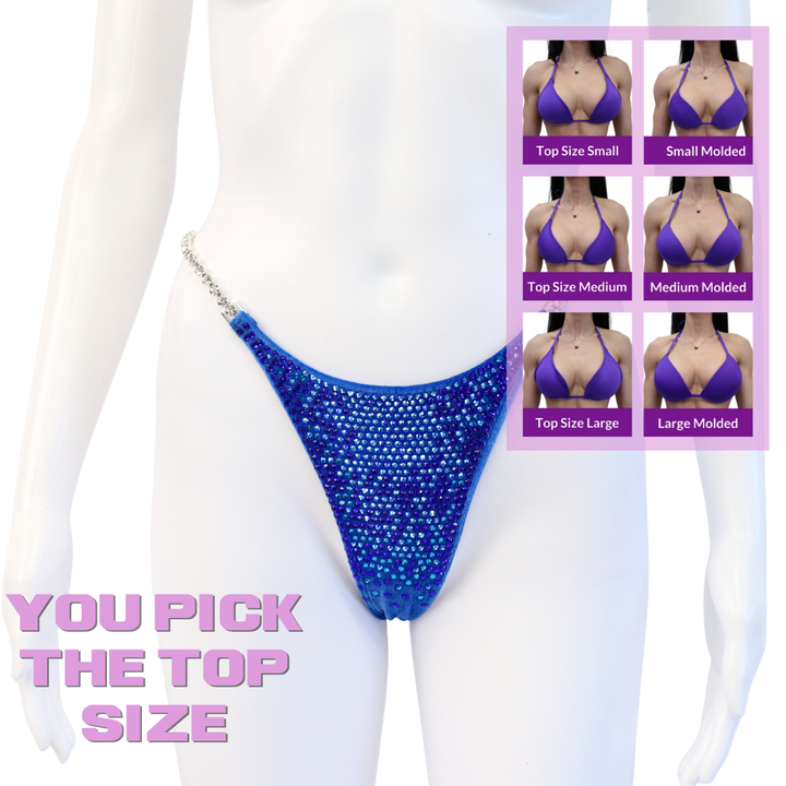 QS SZ: Crystal Nova 3 Color. Velvet Royal. Pro with Custom Front Rise.  Angel Competition BikinisThe best NPC Competition Suits for the Bikini Division, Fit Model Division Suits, and bodybuilding suits.