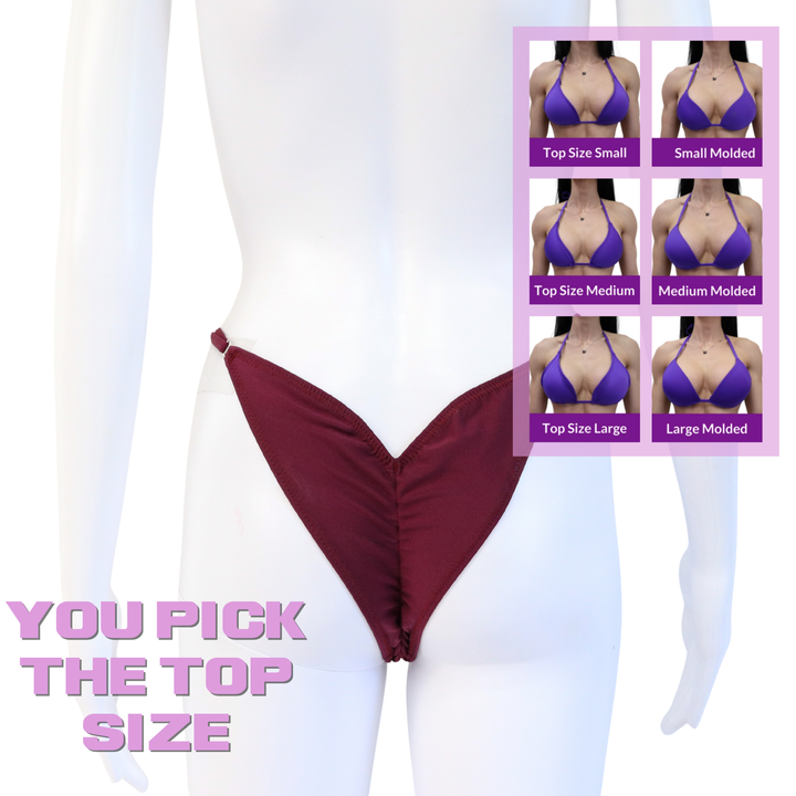 QS SZ: Matte Maroon Posing Practice Suit. Brazilian with Modest Rise.  Angel Competition BikinisThe best NPC Competition Suits for the Bikini Division, Fit Model Division Suits, and bodybuilding suits.