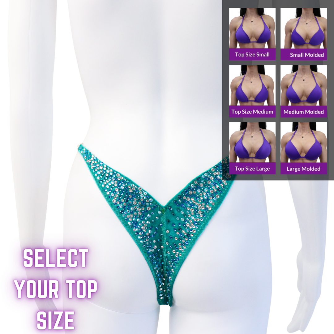 QS SZ: Velvet Teal Ocean Sky Radiance. Custom Bottom.  Angel Competition BikinisThe best NPC Competition Suits for the Bikini Division, Fit Model Division Suits, and bodybuilding suits.
