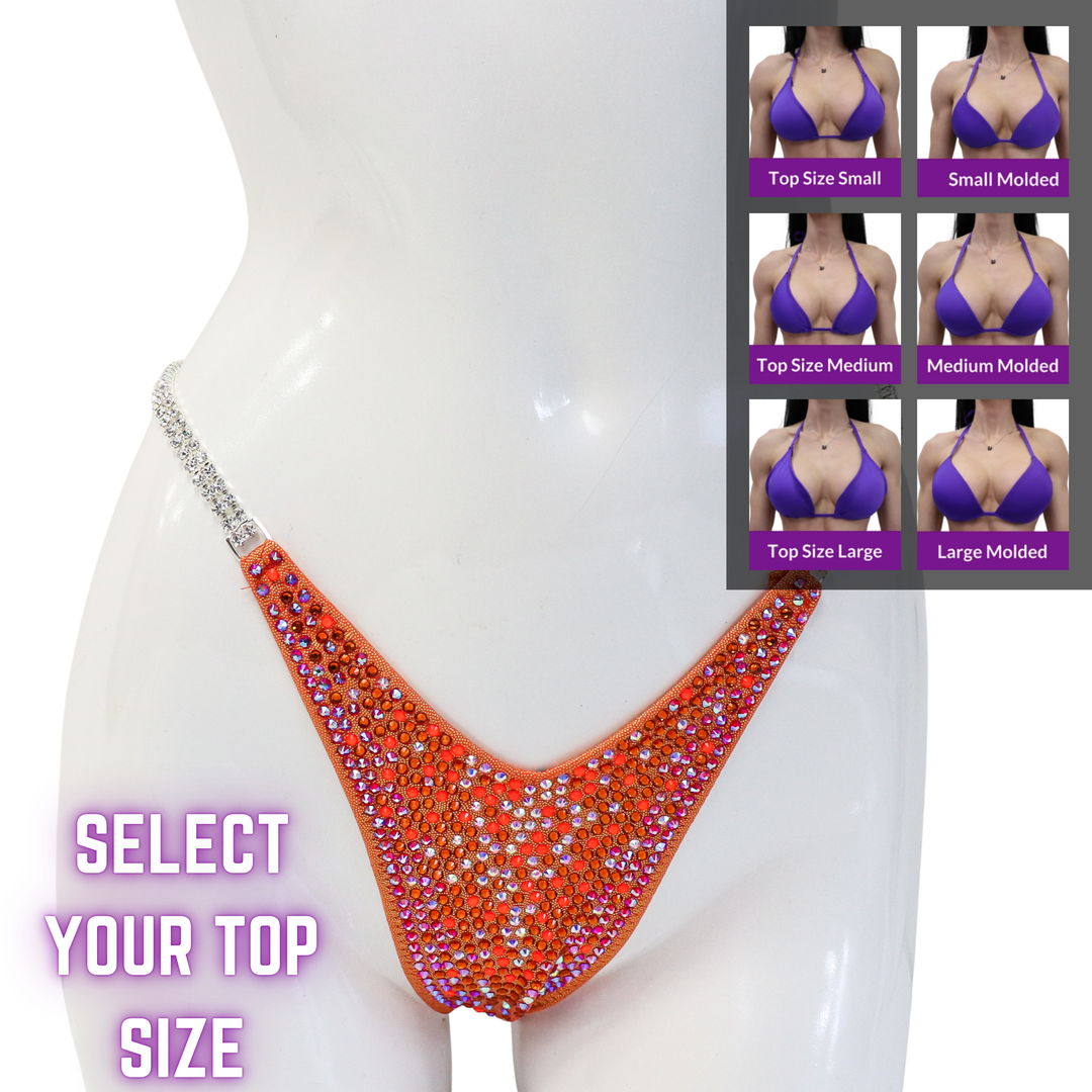 QS SZ: Orange Neon Nova. Select Your Top/Wellness Pro, Modest Rise.  Angel Competition BikinisThe best NPC Competition Suits for the Bikini Division, Fit Model Division Suits, and bodybuilding suits.