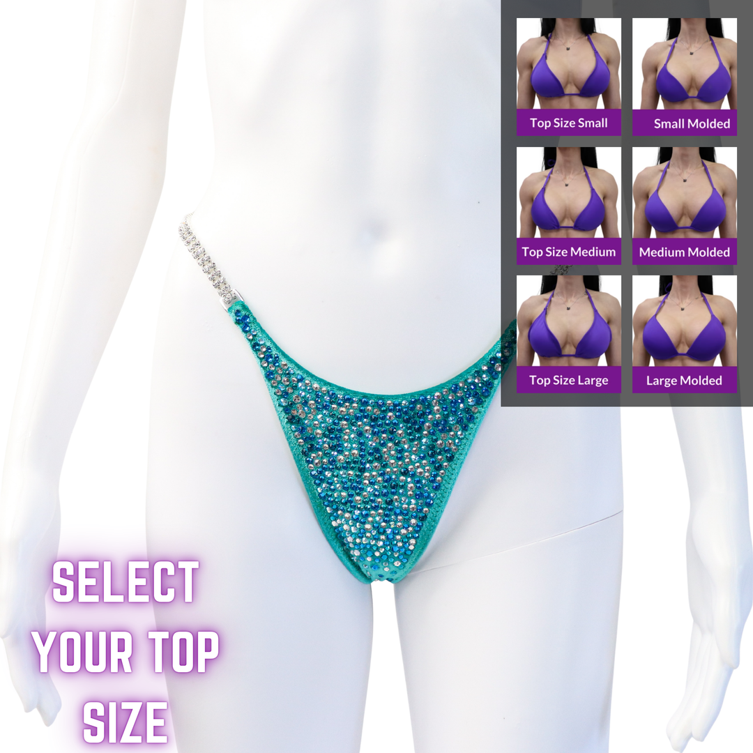 QS SZ: Velvet Teal Ocean Sky Radiance. Custom Bottom.  Angel Competition BikinisThe best NPC Competition Suits for the Bikini Division, Fit Model Division Suits, and bodybuilding suits.