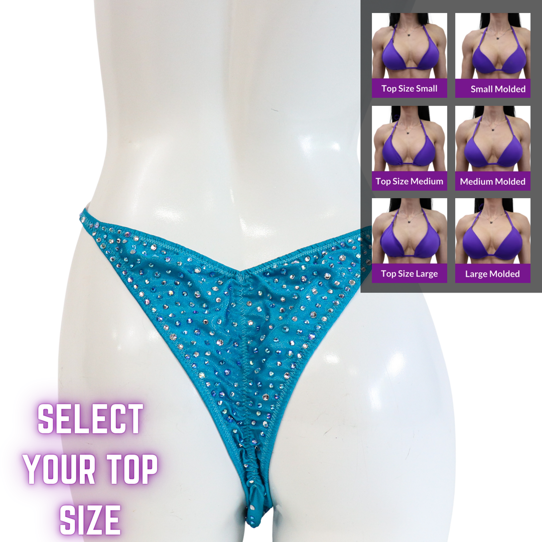 QS SZ: Ice Queen Turquoise Radiance. Select Your Top/Brazilian with Modest Rise.  Angel Competition BikinisThe best NPC Competition Suits for the Bikini Division, Fit Model Division Suits, and bodybuilding suits.