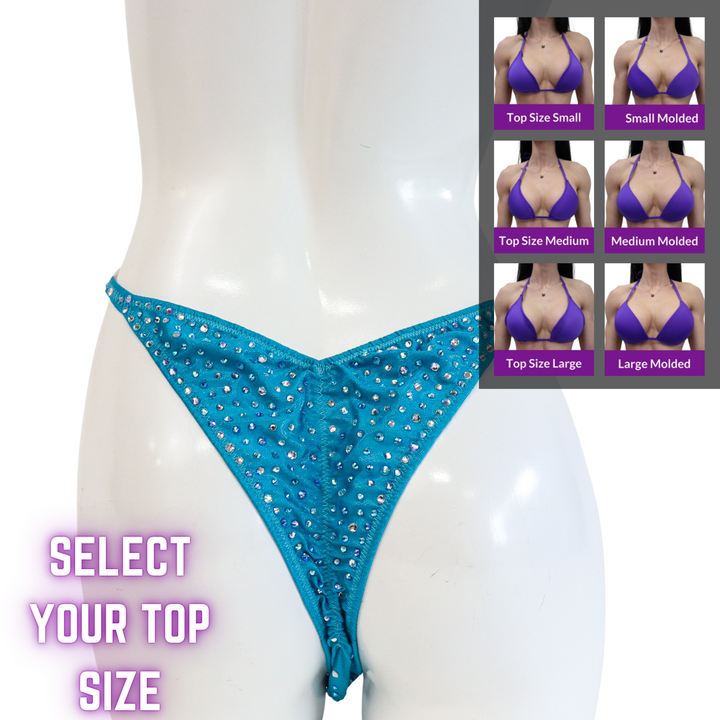 QS SZ: Ice Queen Turquoise Radiance. Select Your Top/Brazilian with Modest Rise.  Angel Competition BikinisThe best NPC Competition Suits for the Bikini Division, Fit Model Division Suits, and bodybuilding suits.