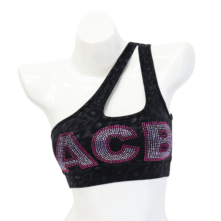QS CL: Crystalized Black Cheetah One Shoulder Sports Bra- Medium  Angel Competition BikinisThe best NPC Competition Suits for the Bikini Division, Fit Model Division Suits, and bodybuilding suits.
