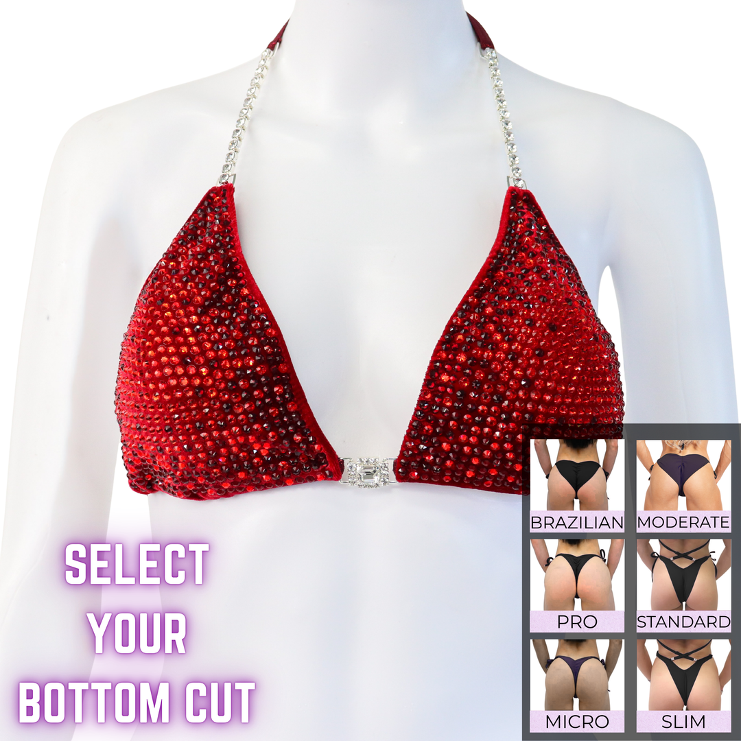 QS SZ: Diamond Nova. Velvet Red. Large.  Angel Competition BikinisThe best NPC Competition Suits for the Bikini Division, Fit Model Division Suits, and bodybuilding suits.