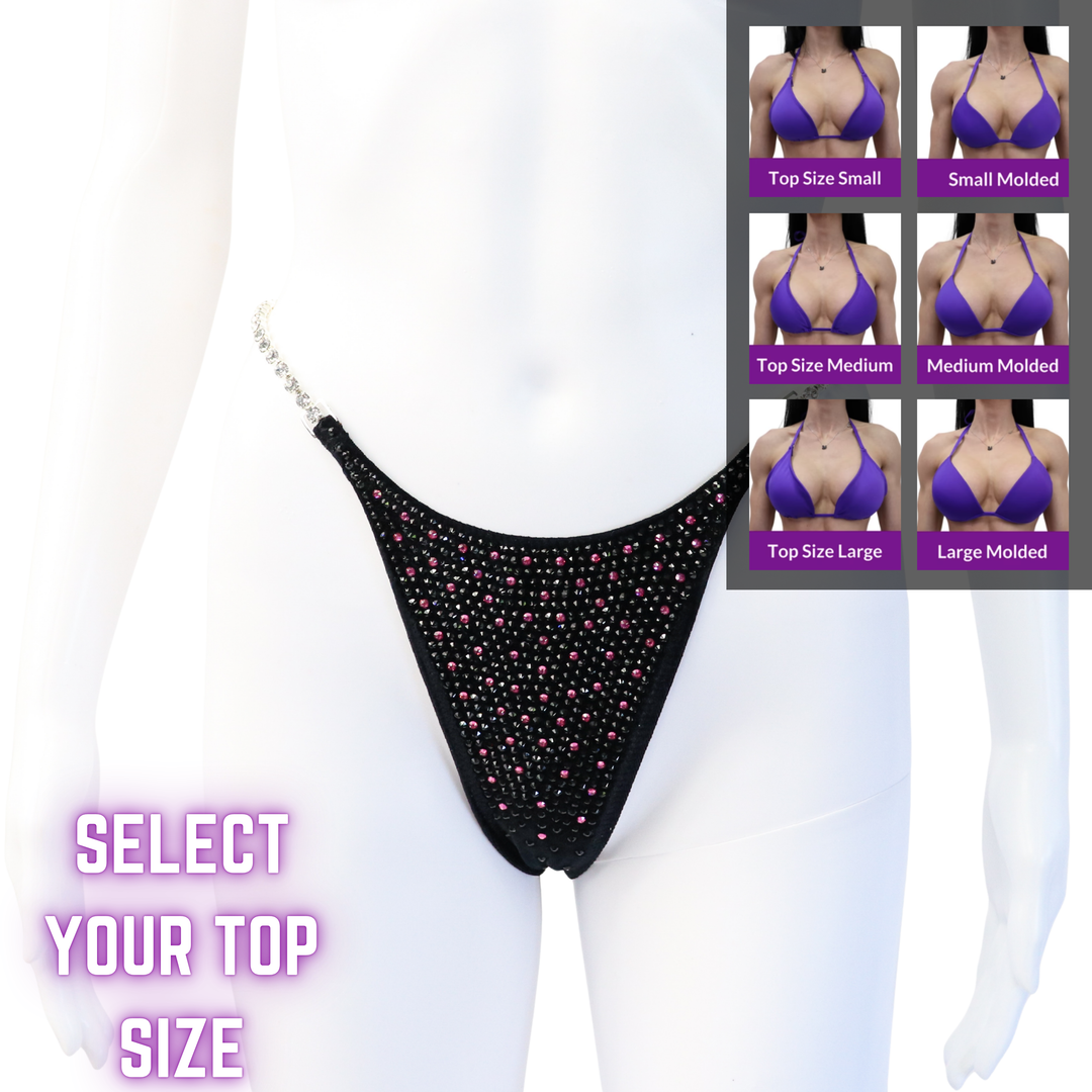 QS SZ: Angel Shimmer. Velvet Black. Pro with Modest Rise.  Angel Competition BikinisThe best NPC Competition Suits for the Bikini Division, Fit Model Division Suits, and bodybuilding suits.