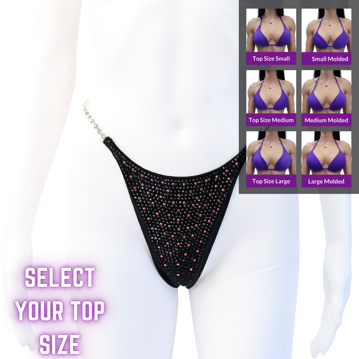 QS SZ: Angel Shimmer. Velvet Black. Pro with Modest Rise.  Angel Competition BikinisThe best NPC Competition Suits for the Bikini Division, Fit Model Division Suits, and bodybuilding suits.