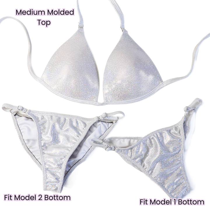 Pre Owned: Hologram White Fit Model Bundle. Medium Molded.  Angel Competition BikinisThe best NPC Competition Suits for the Bikini Division, Fit Model Division Suits, and bodybuilding suits.