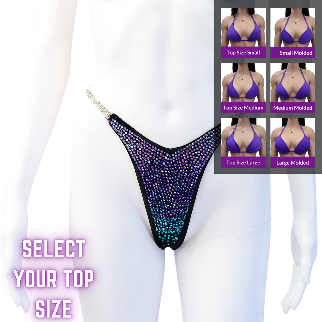 QS SZ: Angel Pro Gradient 3 Color. Velvet Black. Pro with Modest Rise.  Angel Competition BikinisThe best NPC Competition Suits for the Bikini Division, Fit Model Division Suits, and bodybuilding suits.