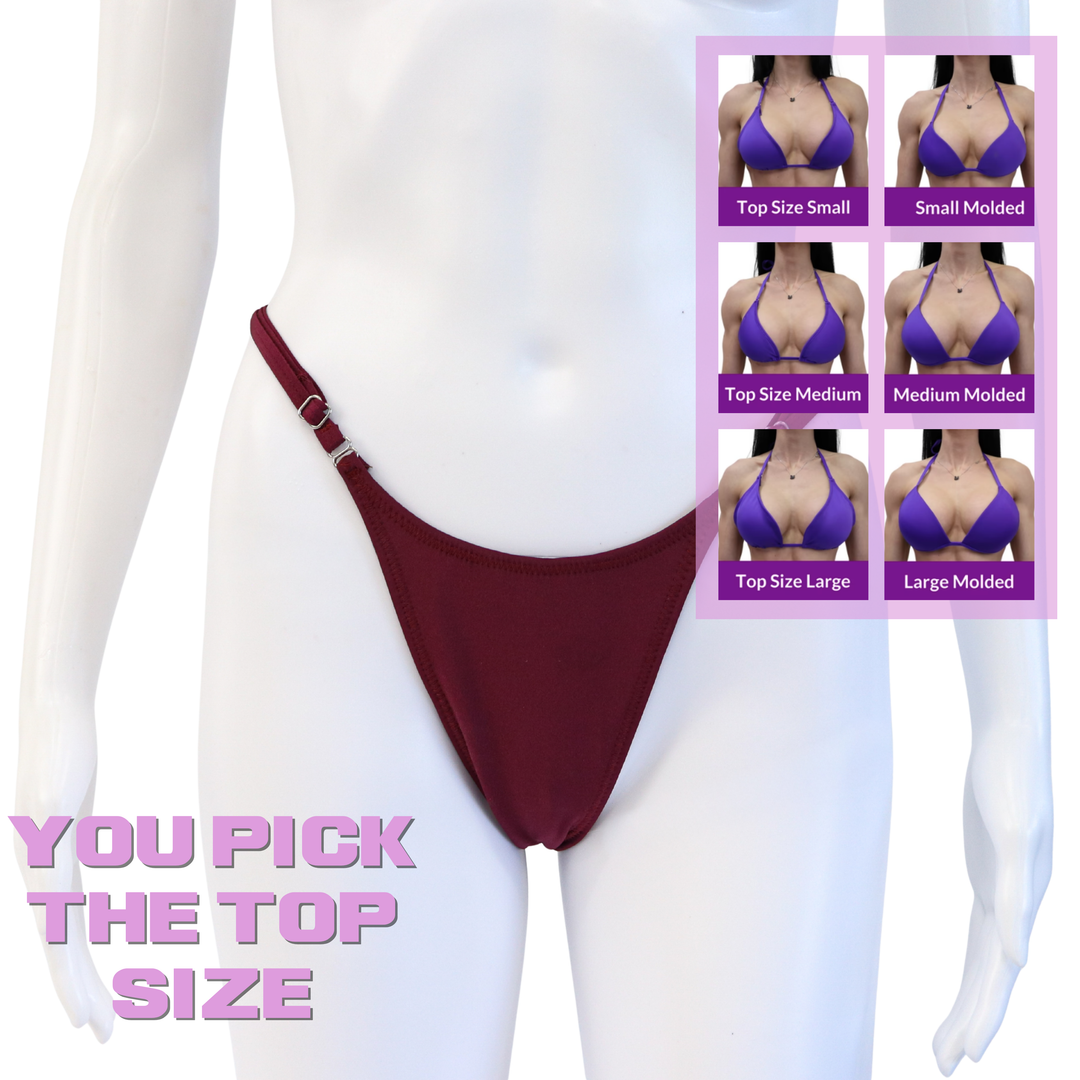 QS SZ: Matte Maroon Posing Practice Suit. Brazilian with Modest Rise.  Angel Competition BikinisThe best NPC Competition Suits for the Bikini Division, Fit Model Division Suits, and bodybuilding suits.