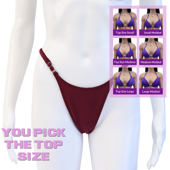 QS SZ: Matte Maroon Posing Practice Suit. Brazilian with Modest Rise.  Angel Competition BikinisThe best NPC Competition Suits for the Bikini Division, Fit Model Division Suits, and bodybuilding suits.