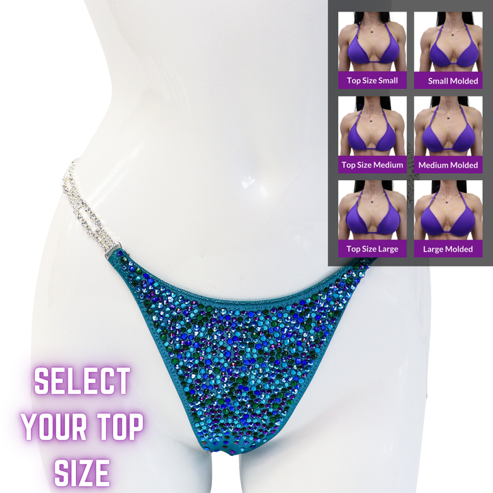 QS SZ: Crystal Radiance. Hologram Teal. Select Your Top/Brazilian, Modest Rise.  Angel Competition BikinisThe best NPC Competition Suits for the Bikini Division, Fit Model Division Suits, and bodybuilding suits.