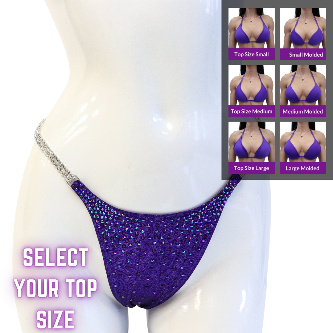 QS SZ: Angel Rain. Hologram Eggplant. Select Your Top/Brazilian, Modest Rise.  Angel Competition BikinisThe best NPC Competition Suits for the Bikini Division, Fit Model Division Suits, and bodybuilding suits.