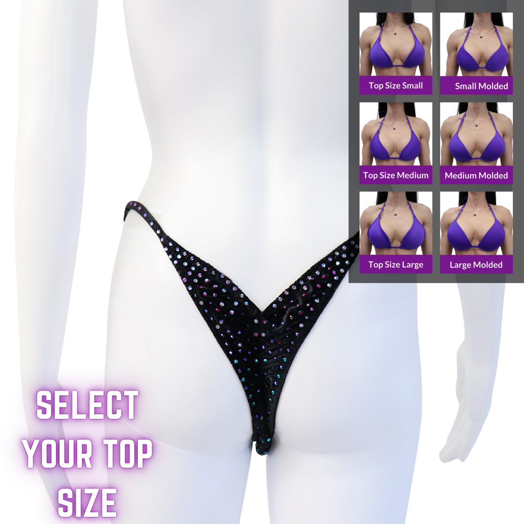 QS SZ: Angel Pro Gradient 3 Color. Velvet Black. Pro with Modest Rise.  Angel Competition BikinisThe best NPC Competition Suits for the Bikini Division, Fit Model Division Suits, and bodybuilding suits.