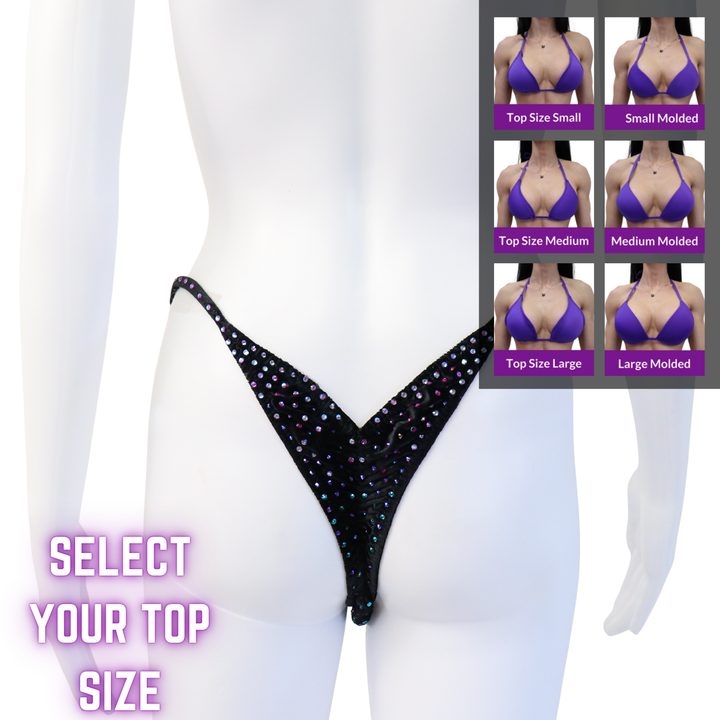 QS SZ: Angel Pro Gradient 3 Color. Velvet Black. Pro with Modest Rise.  Angel Competition BikinisThe best NPC Competition Suits for the Bikini Division, Fit Model Division Suits, and bodybuilding suits.